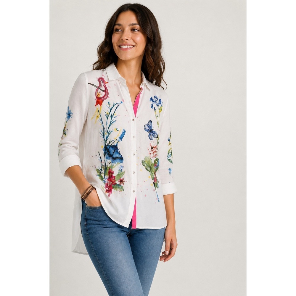Desigual White Floral Butterfly Size M Bird Beaded Button Front Tunic Shirt